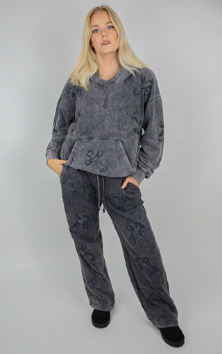 Acid Wash Grey Cross Patch Detail Oversized Tracksuit