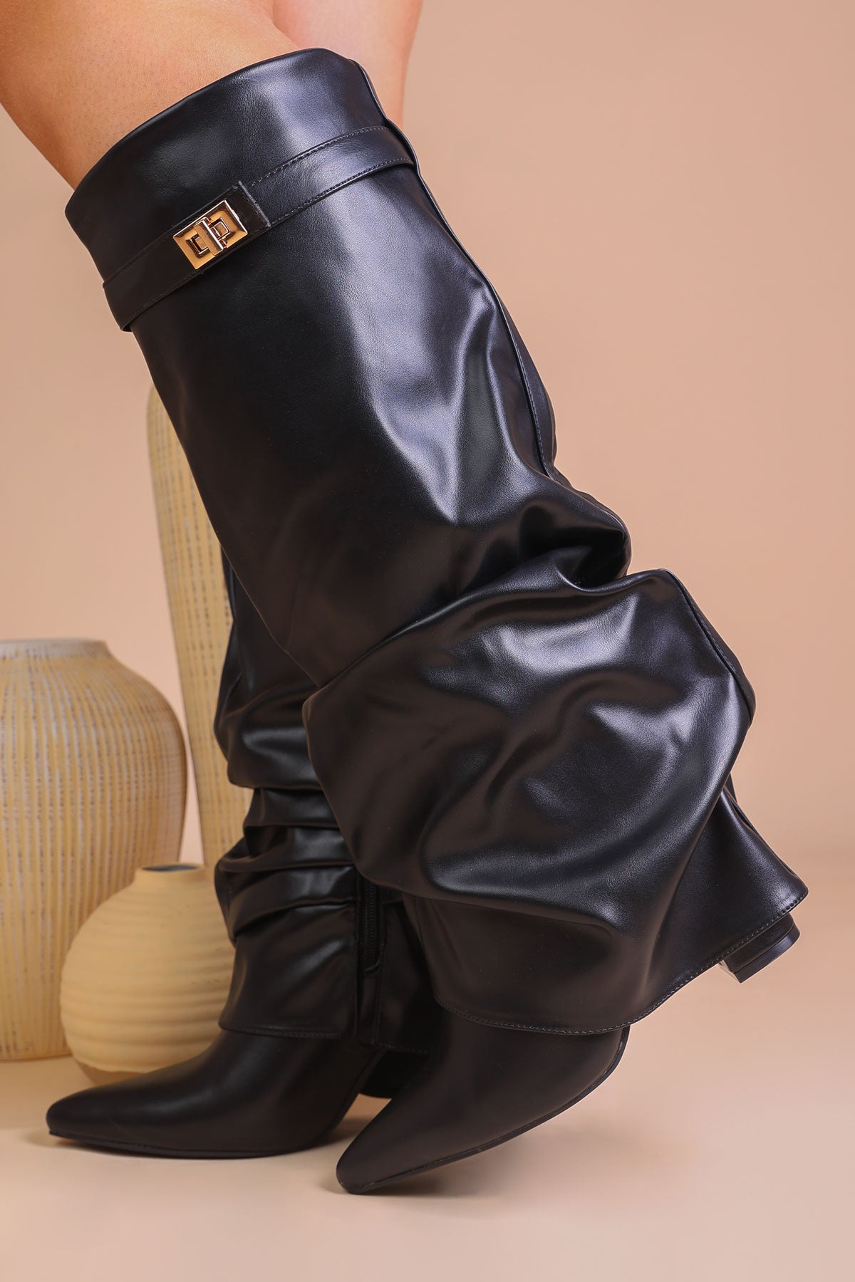 Womens Black Faux Leather Slouchy Fold Over Shark Boots - Miss