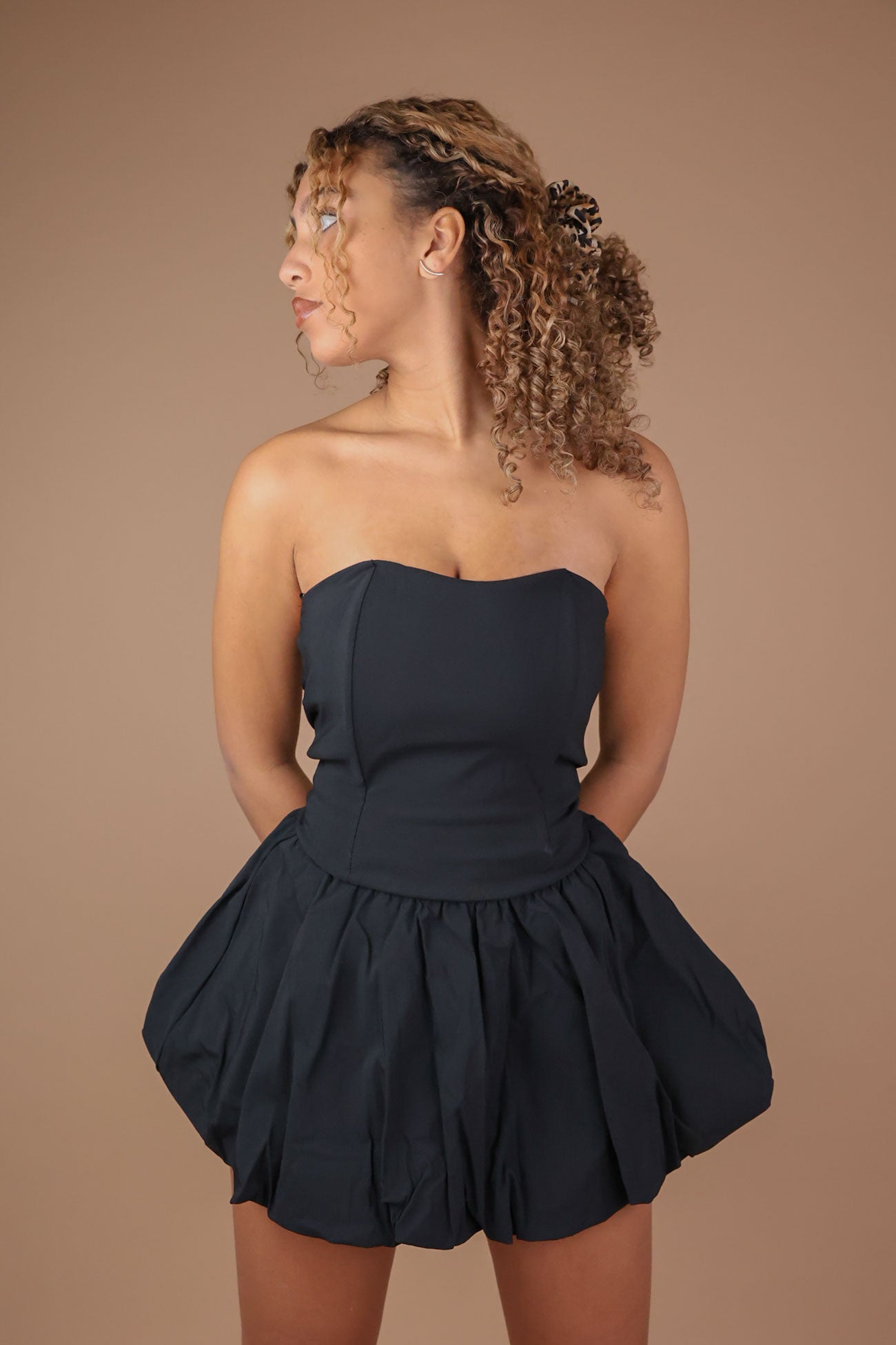 Black Mini Puffball Bandeau Tie Lace Back Dress, 12 (L) Black Mini Puffball Bandeau Tie Lace Back Dress, 12 (L)