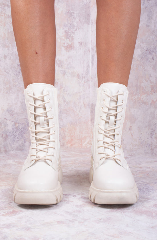 Cream Knitted Chunky Sole Biker Boots
