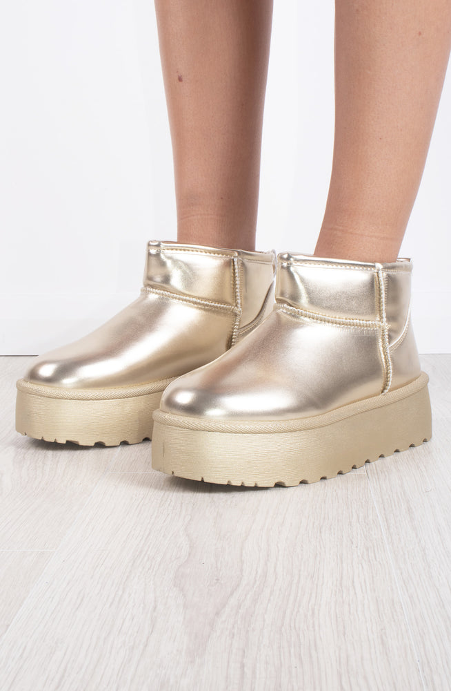 Gold Metallic Faux Leather Ultra Mini Ankle Ribbed Sole Platform Boots