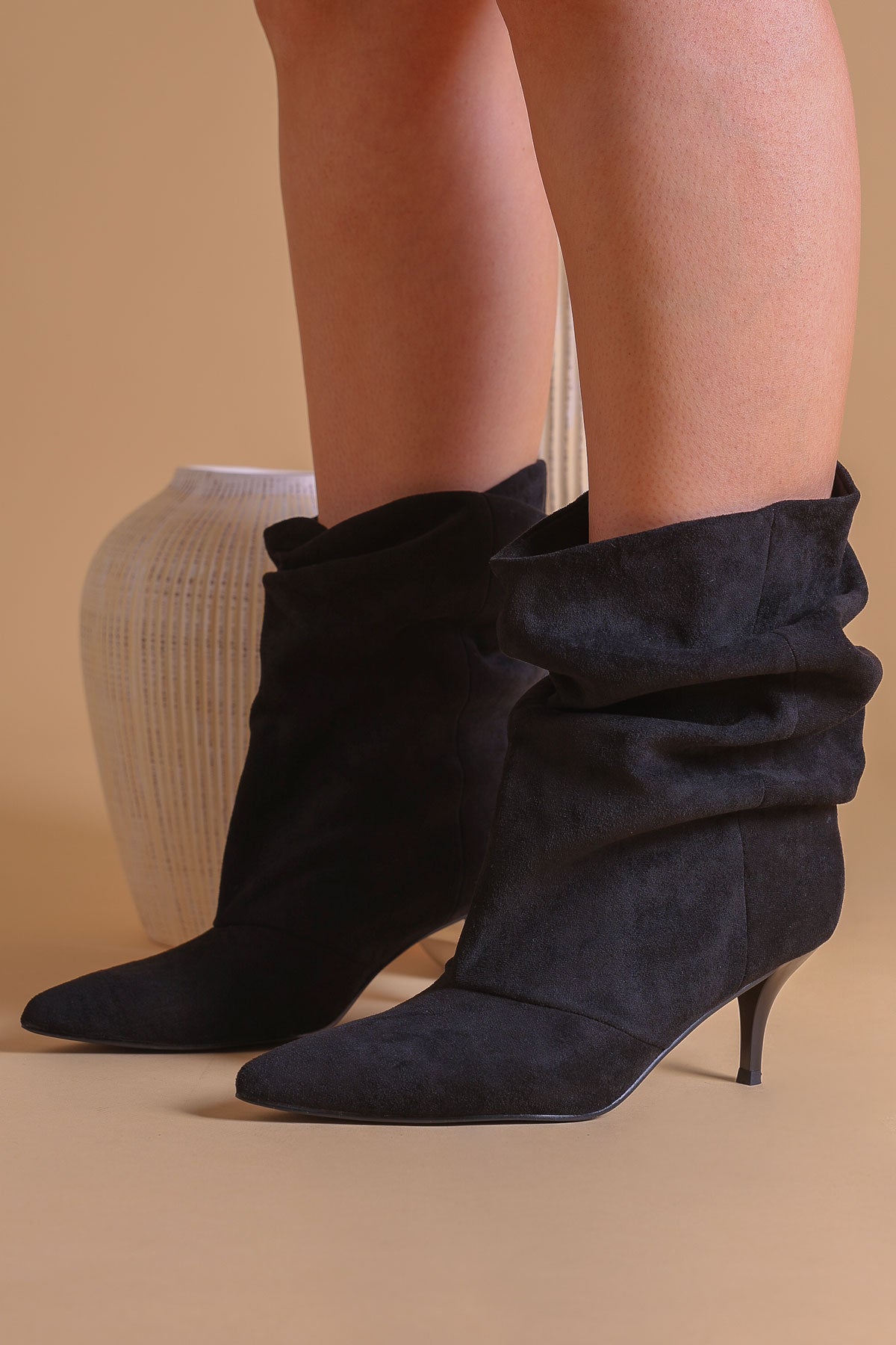 Women's Black Ruched Slouch Ankle Boots | Chic Mid-Heel - Miss Moda Luxe