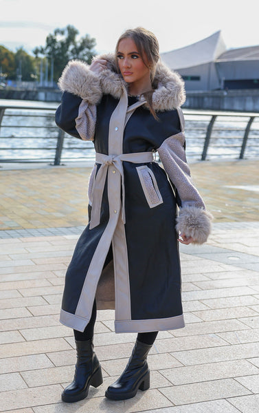 Black PU Leather Long Aviator Trench Coat With Fur Lining - Miss
