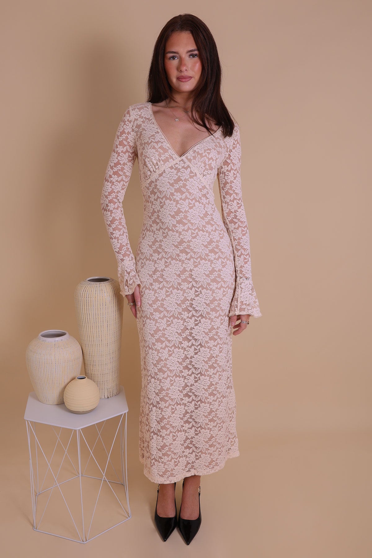 Womens Beige Lace Long Sleeve Bell Cuff Maxi Dresss