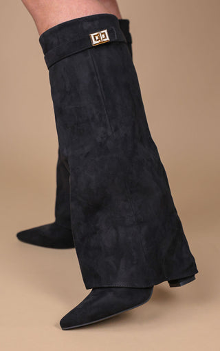 Black Faux Suede Fold Over Shark Classic Buckle Knee High Boot