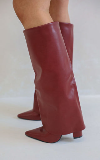 Wine Leather Fold Over Shark Classic Buckle Knee High Boot