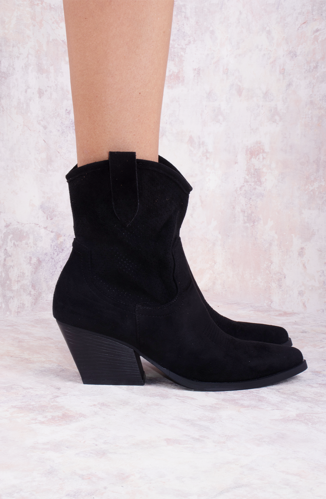 Black Classic Faux Suede Cut Out Heeled Cowboy Boot