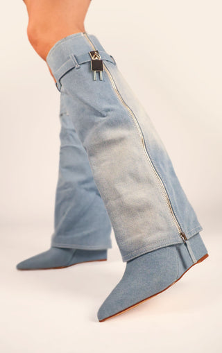 Denim Wash Fold Over Shark Lock Zipper Wedge Knee High Boot