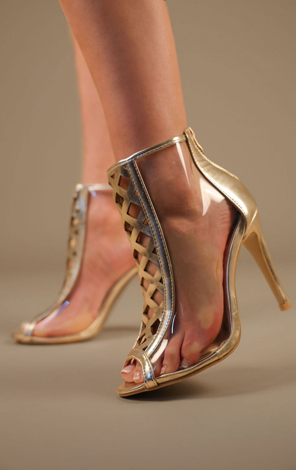 Gold Cut Front Clear Perspex Stiletto Heels