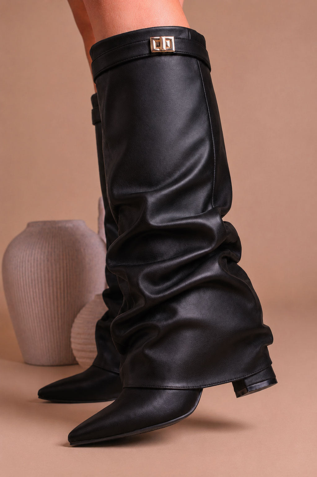 Womens Black Faux Leather Slouchy Fold Over Shark Boots - Miss