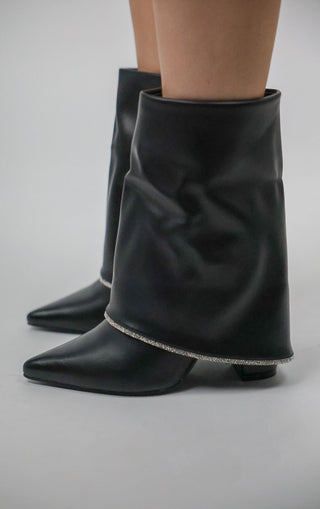 Black Block Heel Fold Over Diamante Trim Ankle Shark Boots