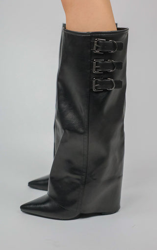 Black PU Leather Fold Over Shark Classic Buckle Knee High Boot