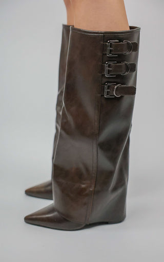 Brown Knee High Fold Over Buckle Boots