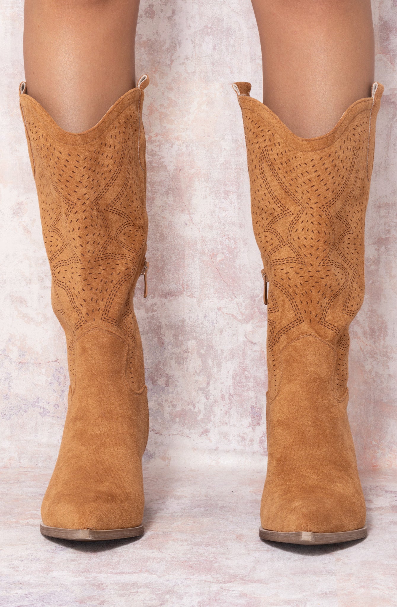 Camel Almond Toe Mid Calf Embroidered Cowboy Boot