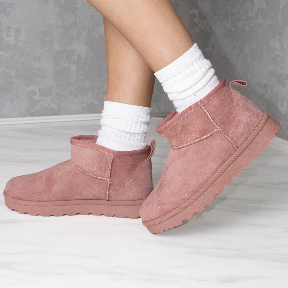 
                      
                        Ultra Mini Ankle Length Faux Fur Lining Cosy Boots In Pink Faux Suede
                      
                    