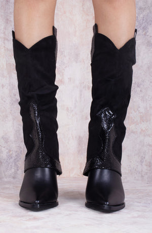Black Shark Fold Over Tab Detail Cowboy Boots