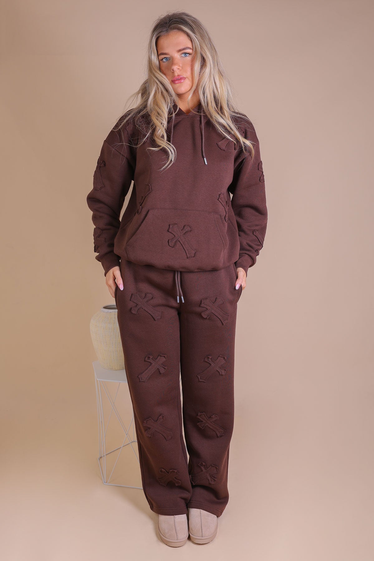 Womens Brown Cross Patch Detail Oversized Tracksuit - Miss Moda Luxe