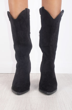 
            
                Load image into Gallery viewer, Black Faux Embroidered Suede Knee High Block Heel Cowboy Boots
            
        