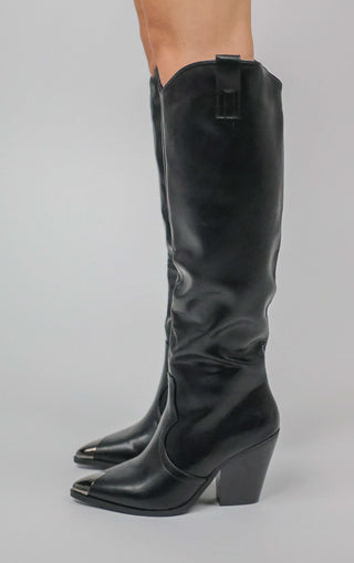 Black PU Leather Knee High Toe Cap Cowboy Boot