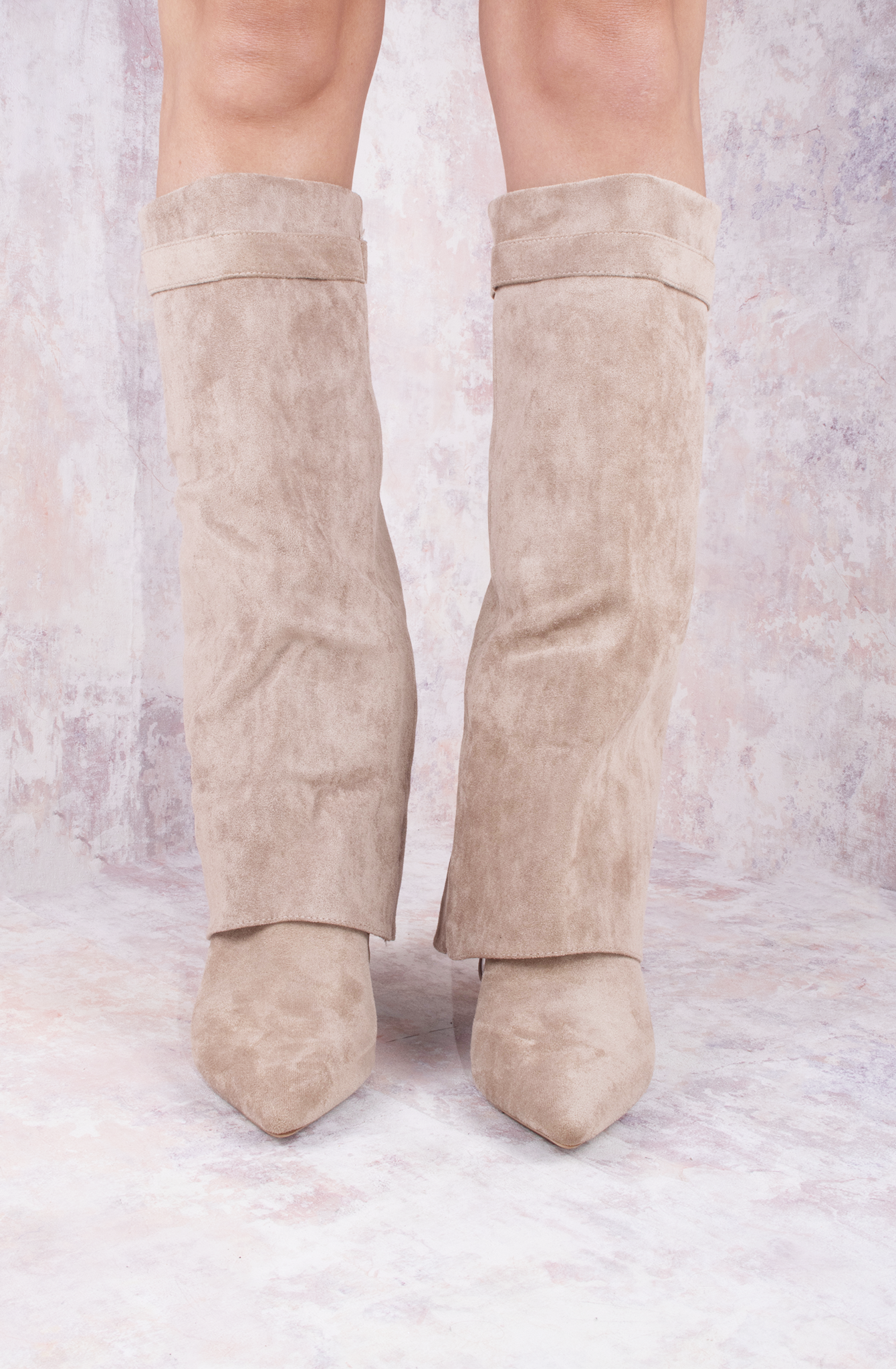 Taupe Stiletto Faux Suede Fold Over Shark Classic Buckle Knee High Boot