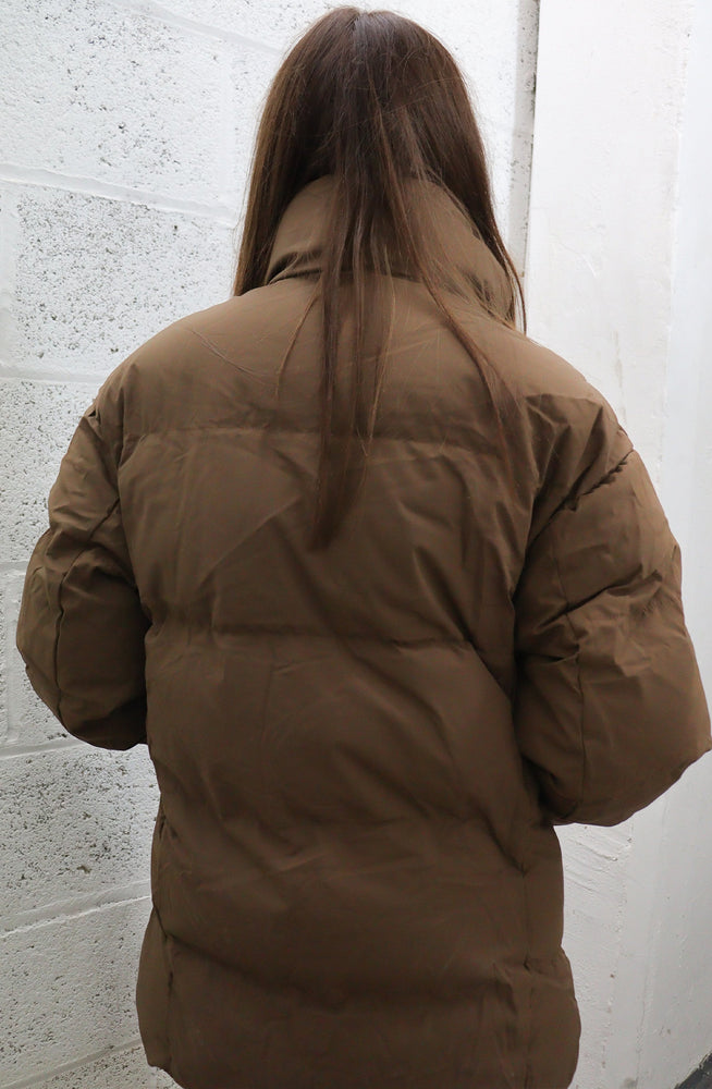Brown Midi Padded Puffer High Collar Zip Up Coat