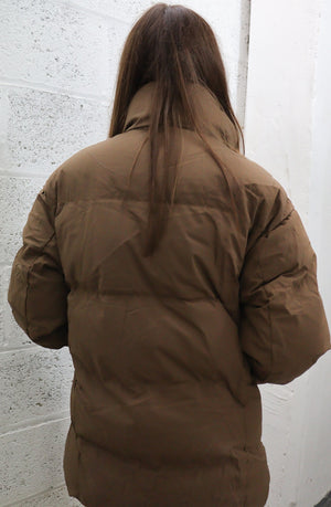 Brown Midi Padded Puffer High Collar Zip Up Coat