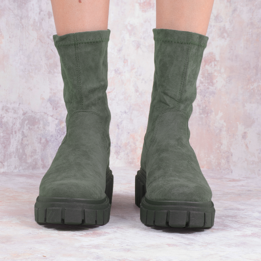 Khaki Green Faux Suede Ankle Sock Boot