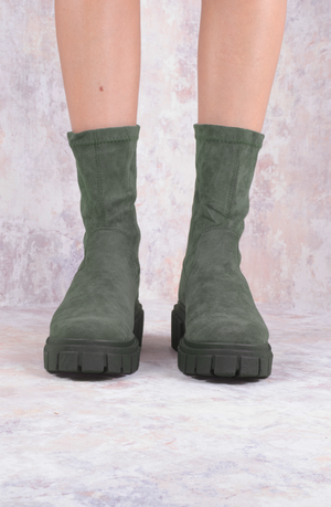 
            
                Load image into Gallery viewer, Khaki Green Faux Suede Ankle Sock Boot
            
        