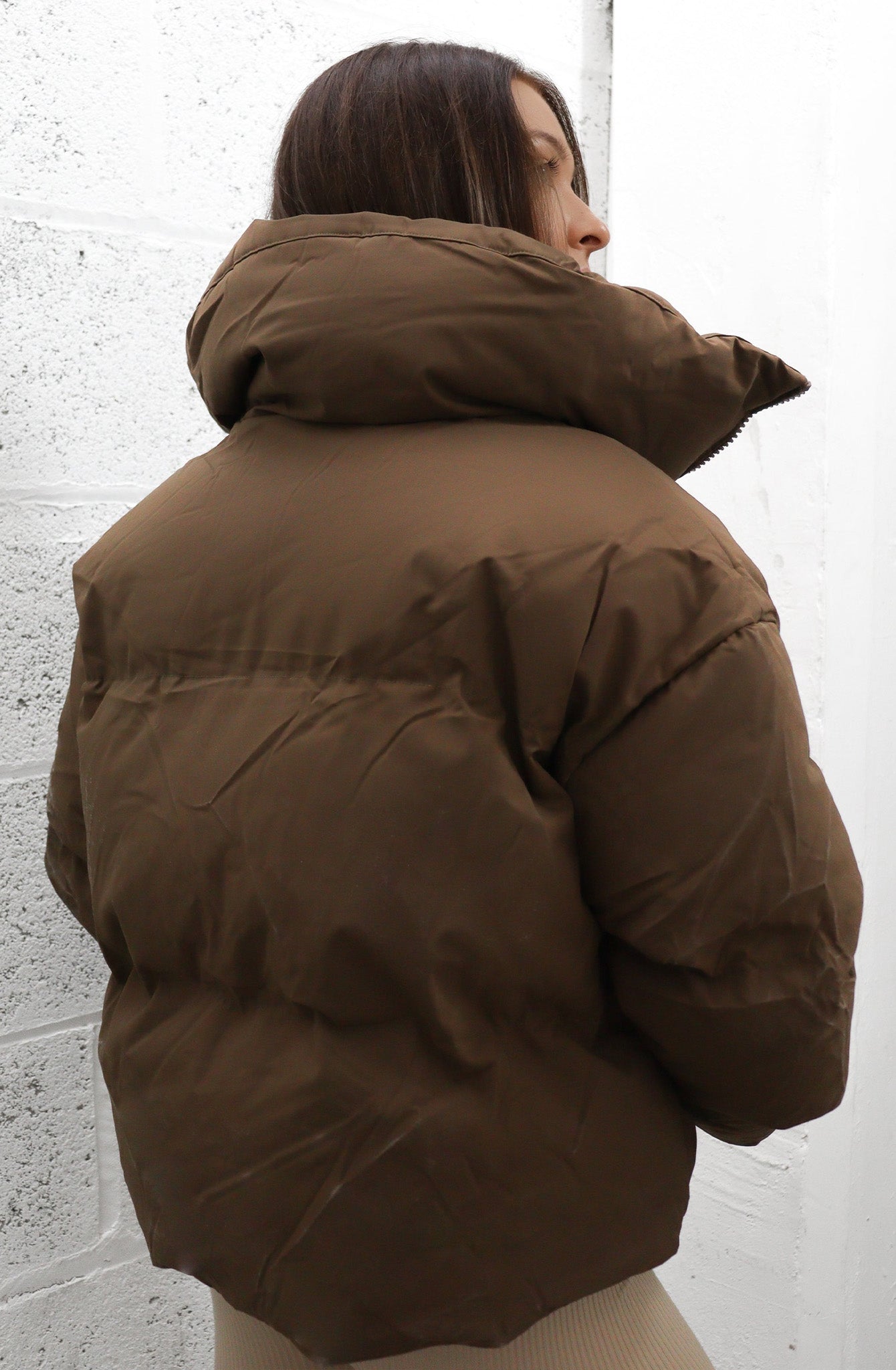 Brown Boxy Padded Puffer High Collar Coat