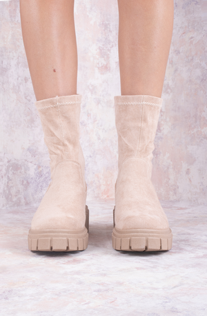 
            
                Load image into Gallery viewer, Beige Faux Suede Ankle Sock Boot
            
        