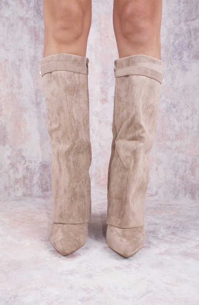 Taupe Faux Suede Fold Over Shark Classic Wedge Heel Buckle Knee High Boot