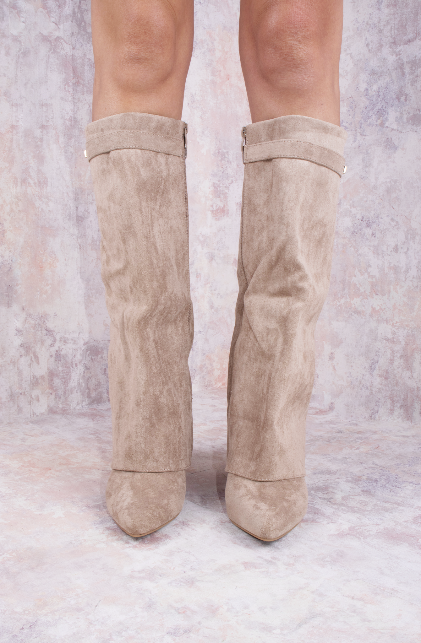 Load image into Gallery viewer, Taupe Faux Suede Fold Over Shark Classic Wedge Heel Buckle Knee High Boot
