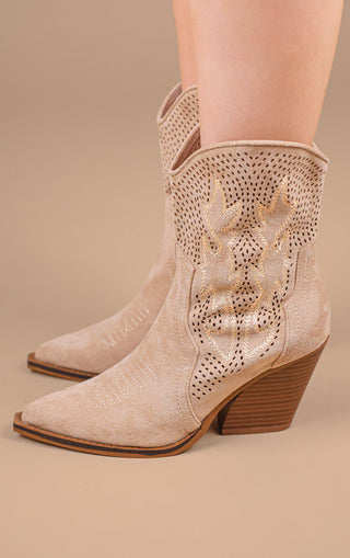 Beige Faux Suede Embroidered Western Pointed Toe Cut Out Cowboy Boots