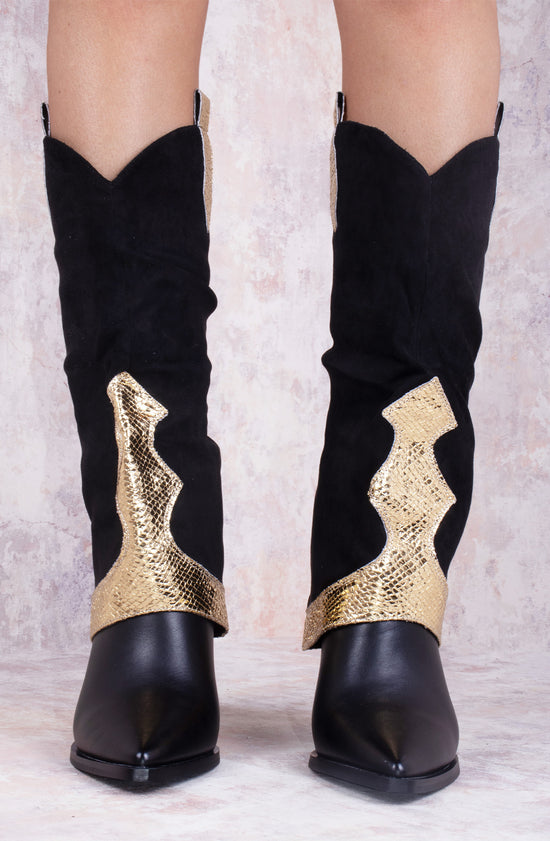 Black Gold Shark Fold Over Tab Detail Cowboy Boots
