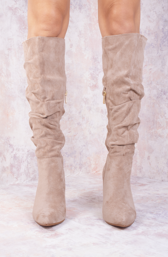 Taupe Ruched Pointed Toe Stiletto High Heel Knee High Boots