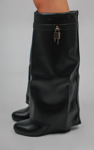 Black PU Padlock Knee High Fold Over Shark Boot