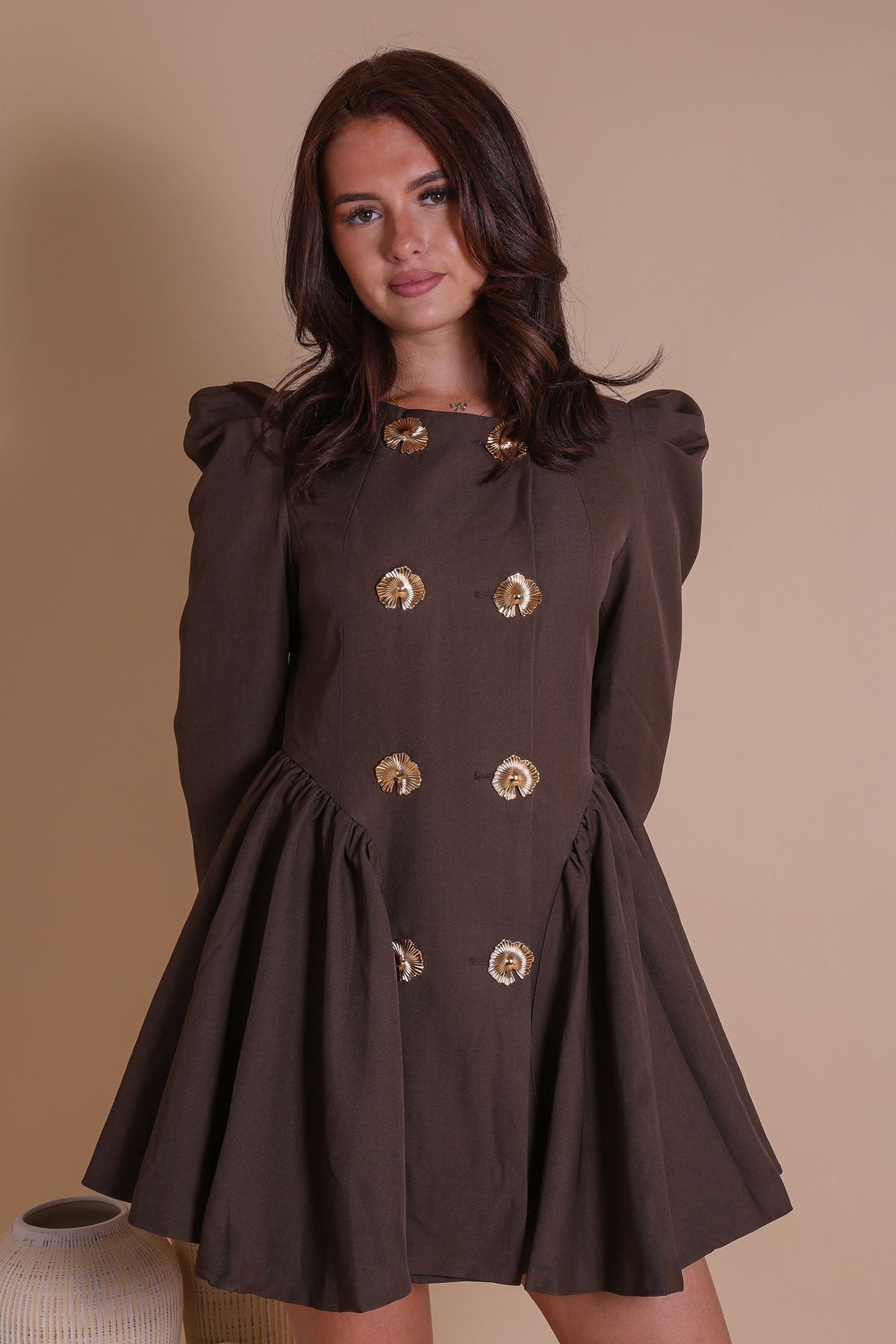 Taupe Tailored Double-Breasted Peplum Dress with Sculpted Buttons, S - 6 Taupe Tailored Double-Breasted Peplum Dress with Sculpted Buttons, S - 6