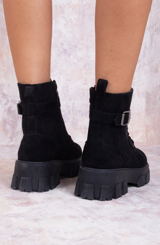 Black Suede Ankle Boot With Buckle Detail