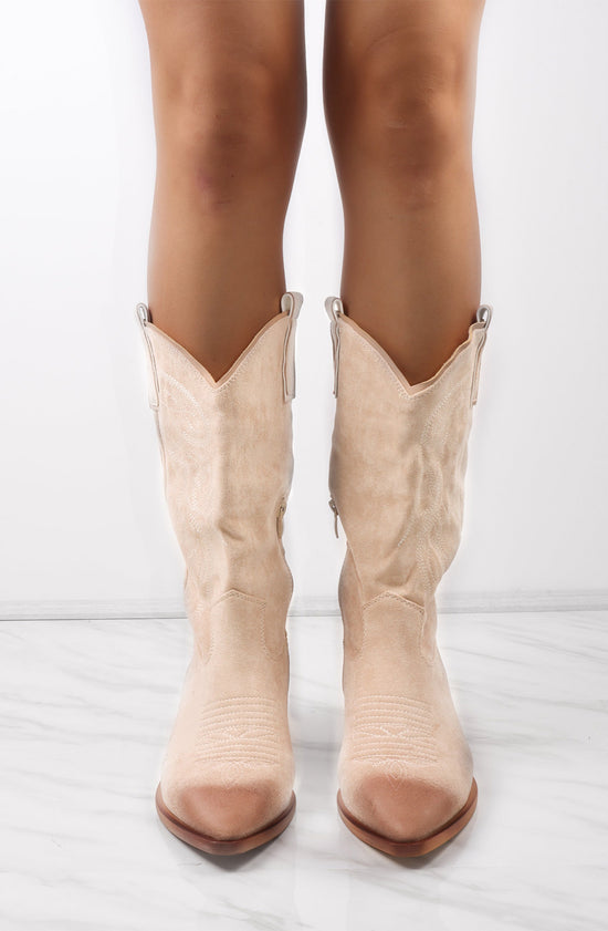Load image into Gallery viewer, Beige Mid Calf Embroidery Faux Suede Cowboy Boot
