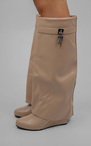 Beige PU Padlock Knee High Fold Over Shark Boots