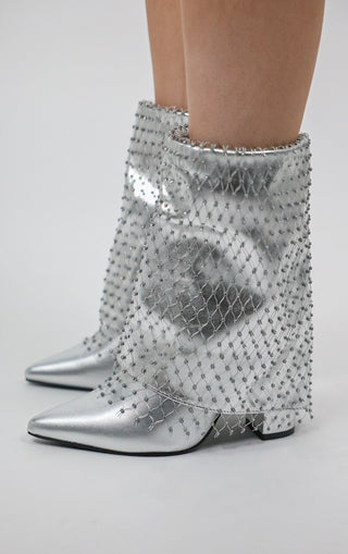 Silver Fold Over Ankle Diamante Fishnet Shark Boot