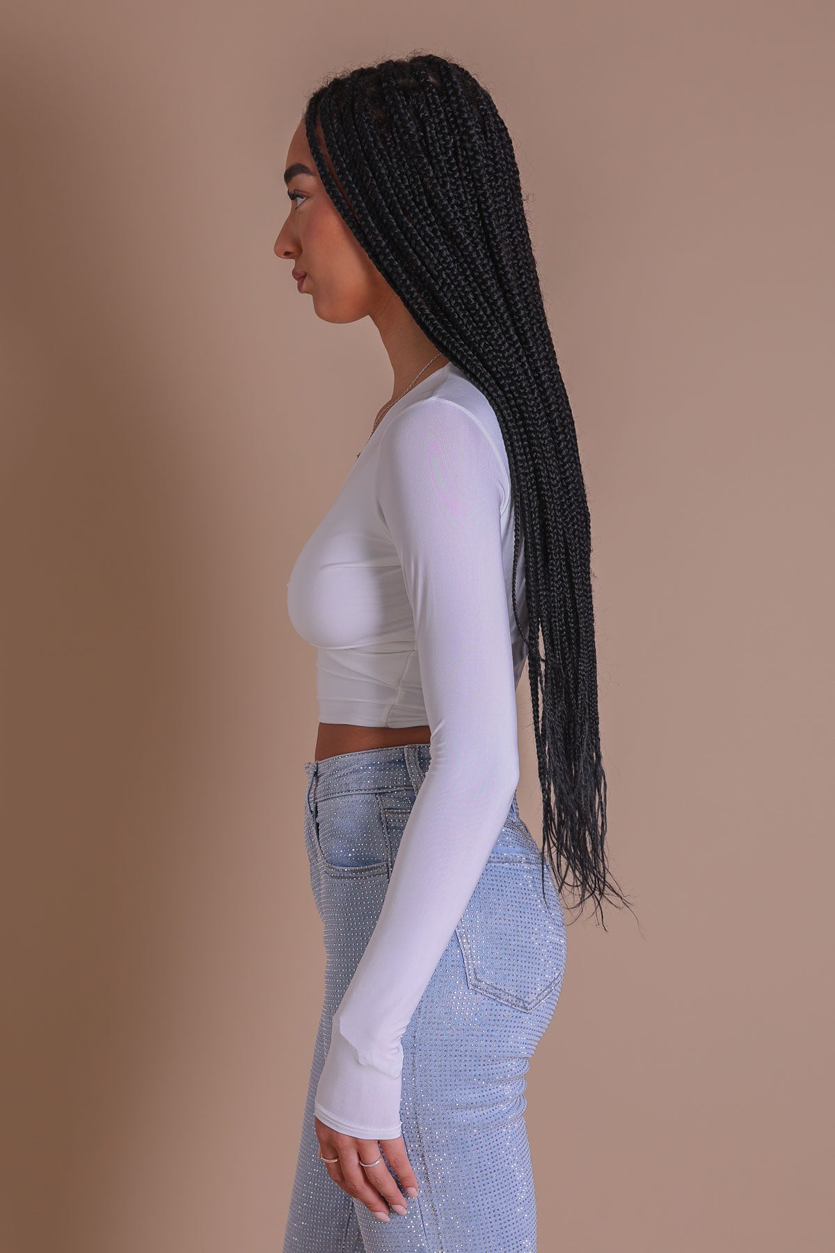 Women's White Twist-Front Crop Top | Cut Out Long Sleeve Top