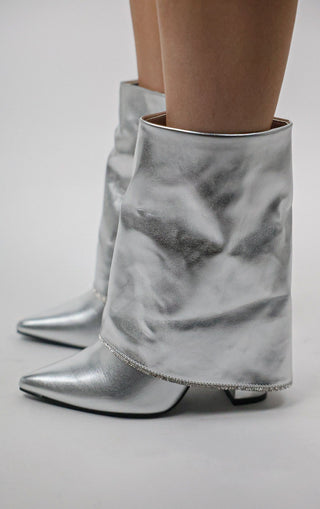 Silver Block Heel Fold Over Diamante Trim Ankle Shark Boots