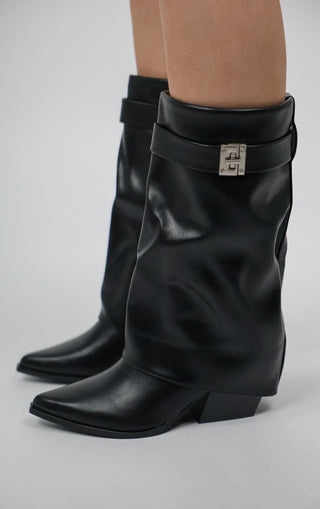 Black Fold Over Cowboy Lock Detail Calf Boots