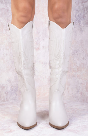 Beige PU Leather Western Style Knee High Cowboy Boot