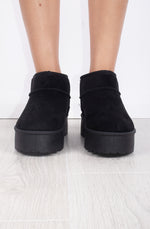 Black Faux Suede Ultra Mini Ankle Ribbed Sole Platform Boots