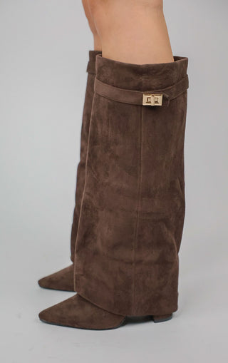 Brown Faux Suede Fold Over Shark Classic Buckle Knee High Boot