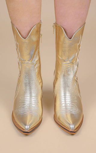 Gold Faux Suede Embroidered Western Pointed Toe Cowboy Boots