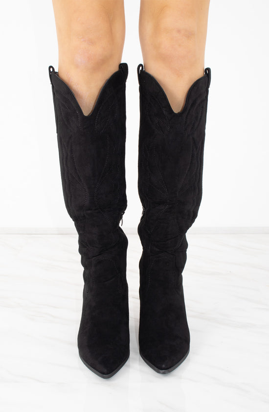 Load image into Gallery viewer, Black Faux Suede Knee High Block Heel Cowboy Boots
