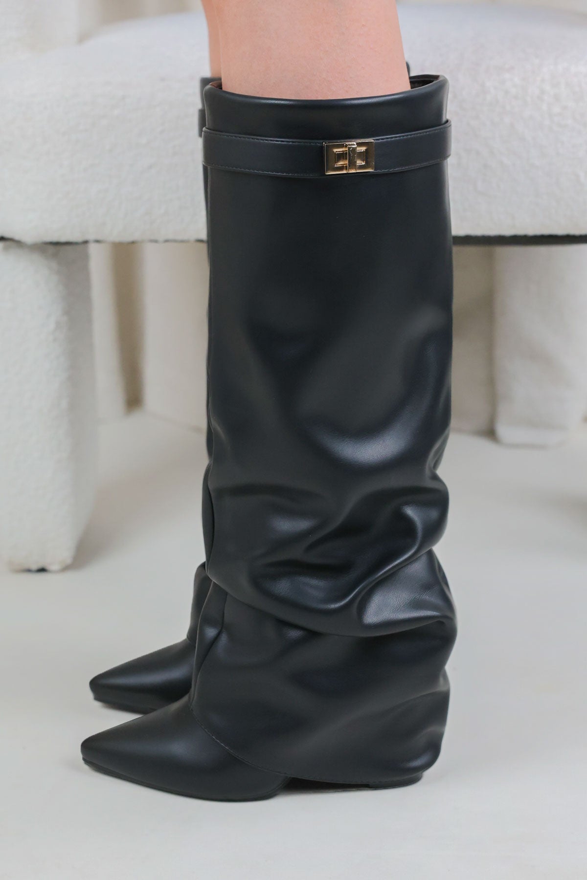 Black Faux Leather Slouchy Fold Over Shark Boots